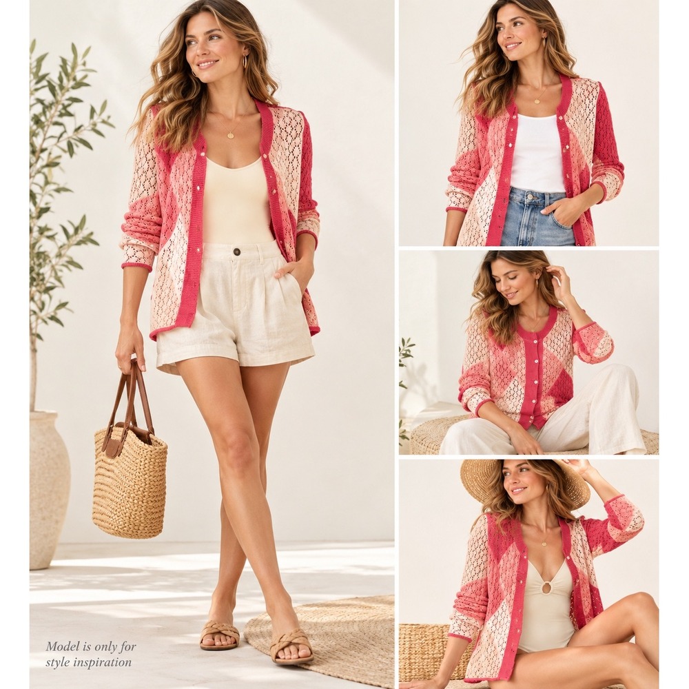 J.Jill Cardigan Womens XL Pink Cotton Linen Pointelle Geometric Patchwork Knit